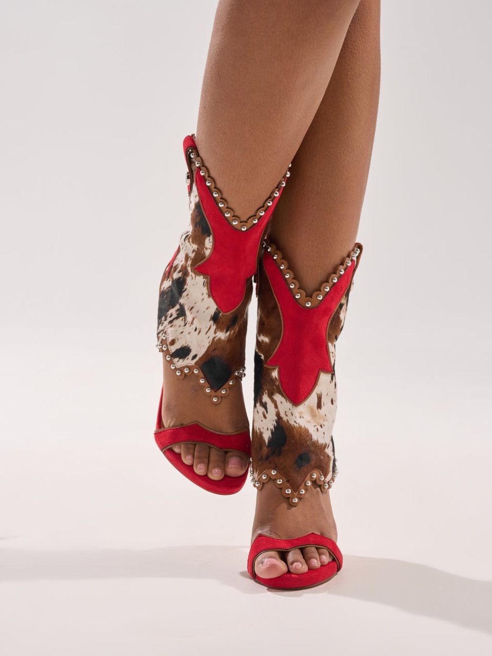 Women's Red Cowhide Studded Open-Toe Western Sandals